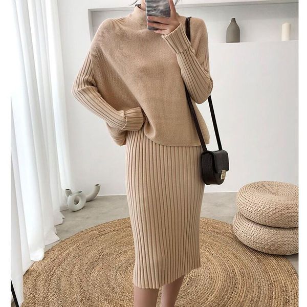 

casual dresses female sweater dress two piece set autumn winter thicken warm knitted ensemble femme elegant slim medium long party, Black;gray