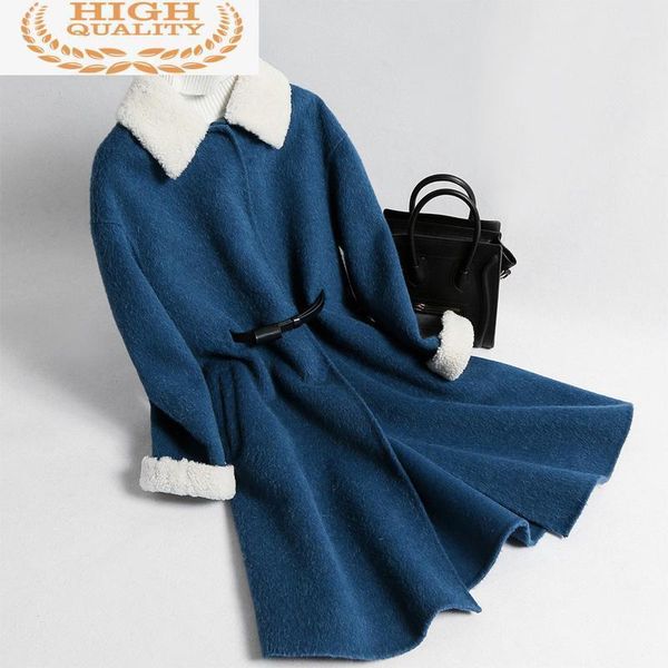 

wool fashion coat female lamb fur collar long jacket winter women double side woolen coats casaco feminino my4184 women's & blends, Black