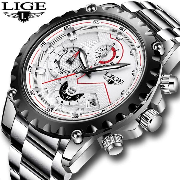 

wristwatches lige 2021 fashion silver mens watch full steel 30m waterproof men quartz clock business chronograph, Slivery;brown