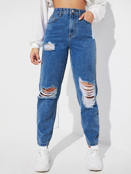 

high waist ripped mom jeans q5xu#, Blue