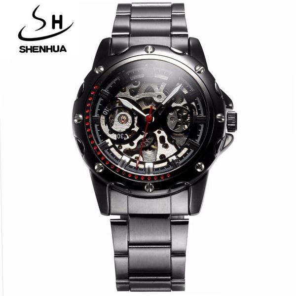 

watch shenhua hollow out automatic mechanical men's fashion black steel band sports, Slivery;brown