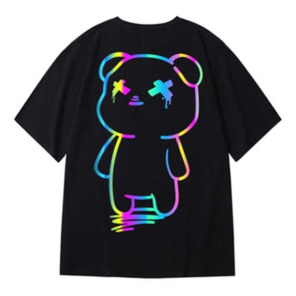 

oversize t shirts cartoon bear print reflective rainbow t shirts harajuku streetwear tees cotton casual half sleeve clothing 220224, White;black