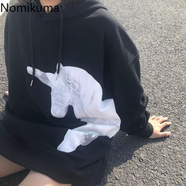 

nomikuma contrast color printed hooded hoodies casual loose long sleeve autumn outerwear korean chic sweatshirt streetwear 3d309 210514, Black