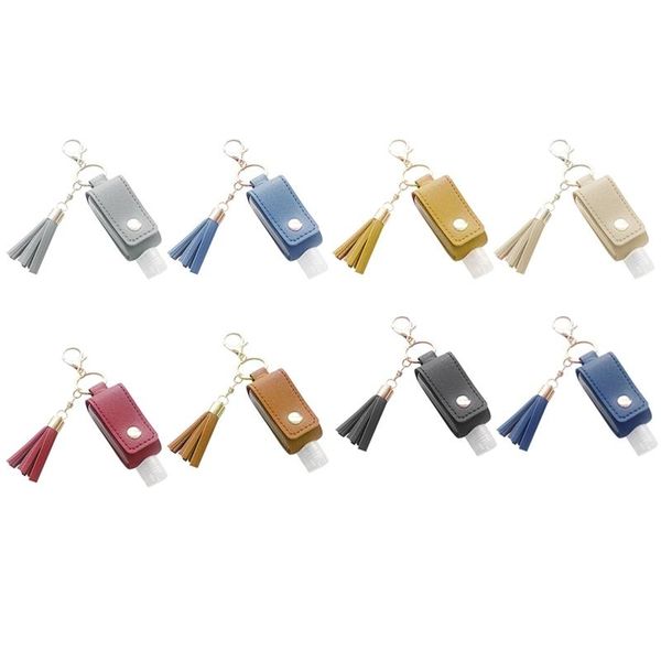 

30ml empty refillable plastic travel bottle with tassels pu leather keychain holder hooks & rails