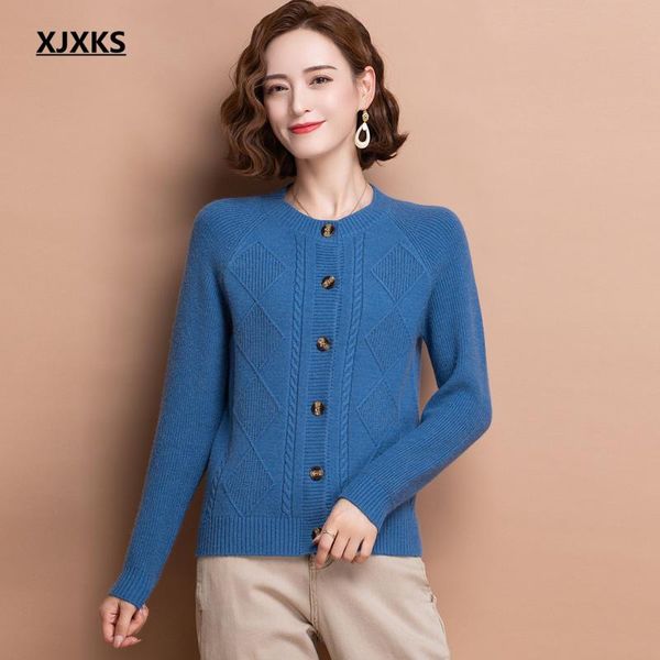 

women's knits & tees xjxks round neck long-sleeved cashmere knitted cardigan women single-breasted sweater 2021 autumn winter coat, White