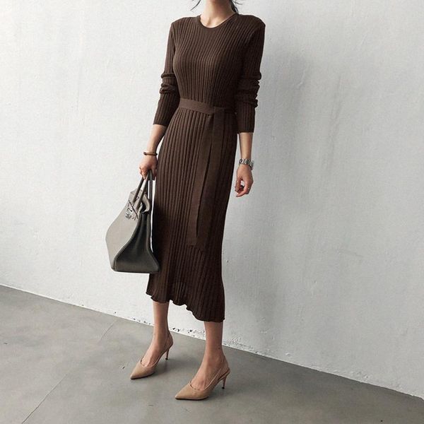 

casual dresses women elegant sweater dress 2021 autumn winter slim with blet bandage knitted ladies solid long robe, Black;gray