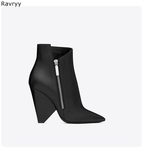 

boots thick heel black leather woman ankle pointed toe female short boot strange style fashion autumn winter dress shoes