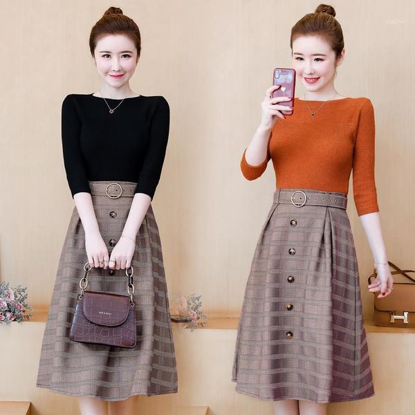 

two piece dress style autumn set women three quarter sleeve knitwear and plaid a-line skirt ladies fashion clothes sets sl138, White