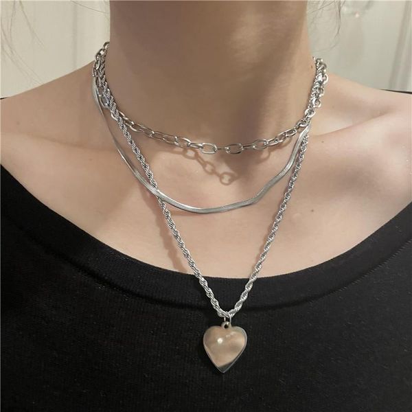 

pendant necklaces retro silver color hip hop multilayer chain for women girls party club jewelry titanium steel heart collares