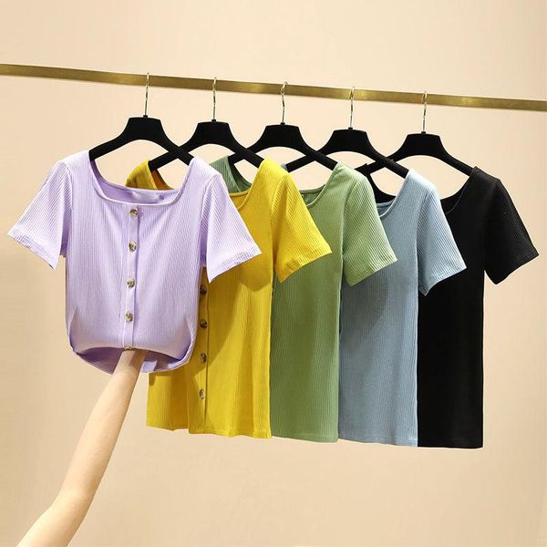 

women's t-shirt summer cotton knitted t shirt short sleeve tees women basic square neck female solid color tee l67, White