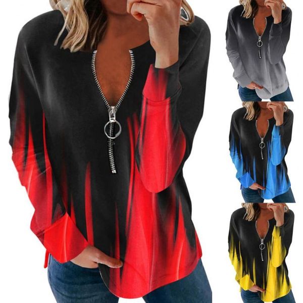 

women's blouses & shirts gradient color women blouse zipper v-neck soft long sleeve loose autumn ladies clothing, White