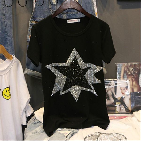 

women diamond stars design t shirt cotton ladies fashion star drill rhinestone tees, White
