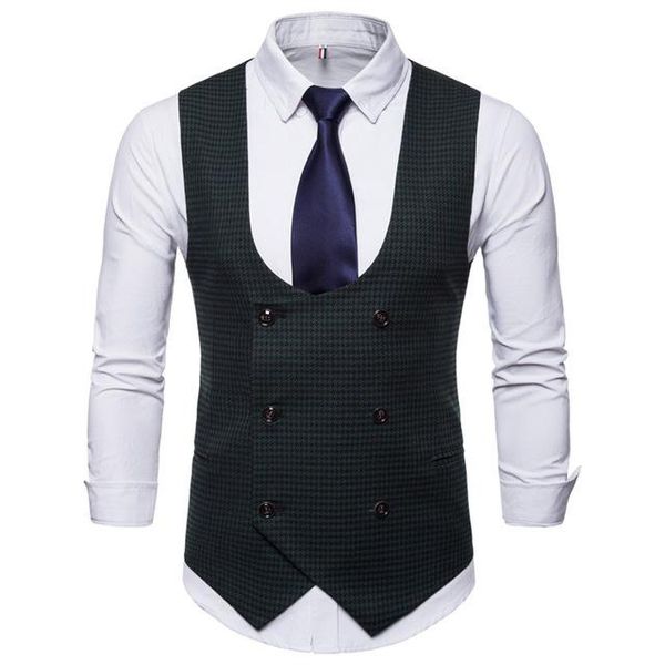 

men's vests 2021 green double-breasted houndstooth waistcoat for men fall winter retro casual suit vest slim fit business male, Black;white