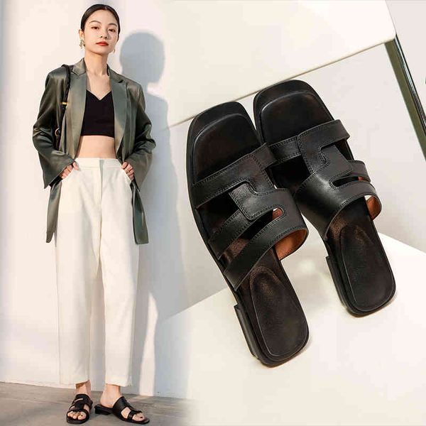 

sandals genuine leather woman comfortable summer shoes versatile slippers square heels thick leisure sandals all-match y24r, Black