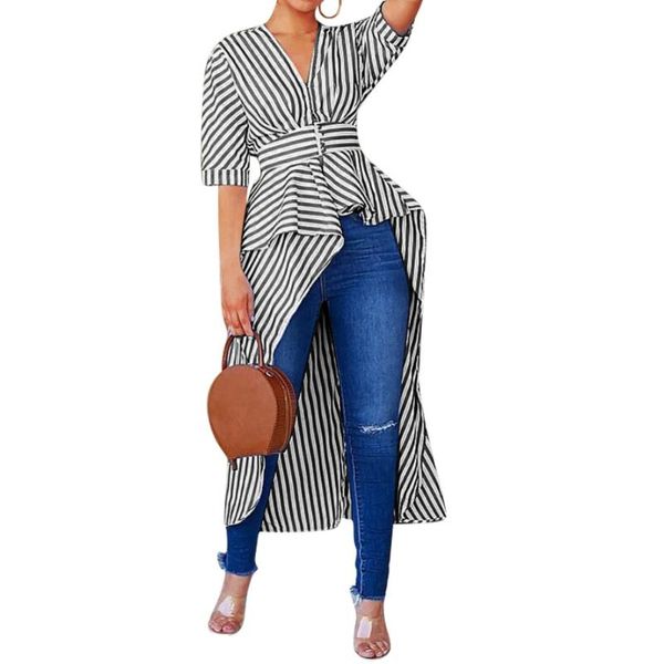 

women fashion summer stripe v-neck short sleeve pleats asymmetric hem slim blouse women's blouses & shirts, White