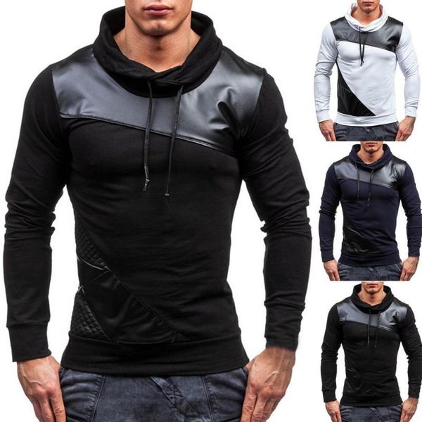 

men's sweaters oversized hoodie men sweatshirt contrast colors drawstring faux leather high collar long sleeve autumn sportswear, White;black