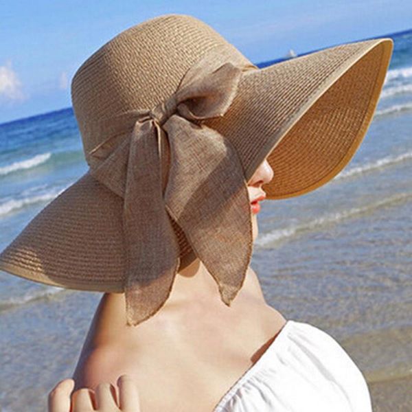 Sommersonnenhüte für Frauen großer Rand mit Bändern Bogen Beach Hut Cap Ladies UV Schutz Chapeu Feminino 890371 Weit