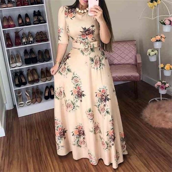 

women summer dress casual half sleeve plus size 5xl long robe femme boho floral print office maxi elegant vestido with blet, Black;gray