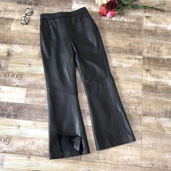 

women's pants & capris 2021 spring sheepskin womens genuine leather slim-fit high-waist trousers fashion split flares, Black;white