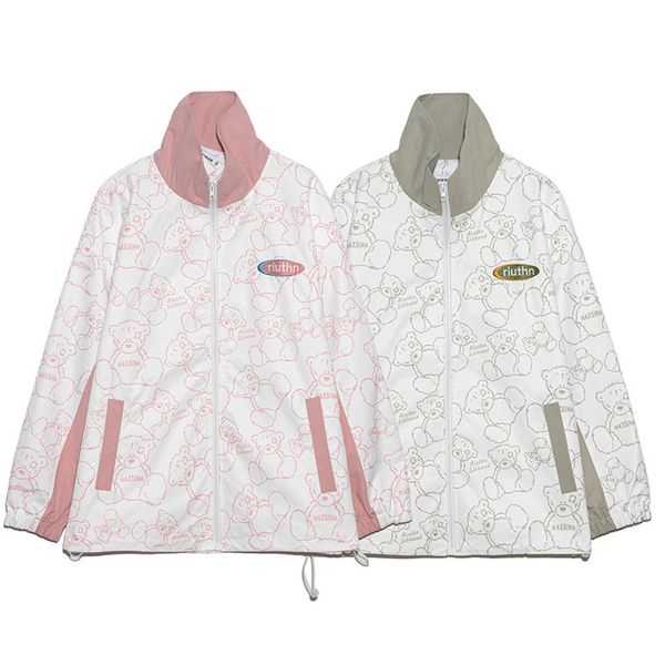 

men's hoodies & sweatshirts bear print jacket, back neck coat, multi fabric design sleeves, striped street clothes, windbreaker, 2021, Black