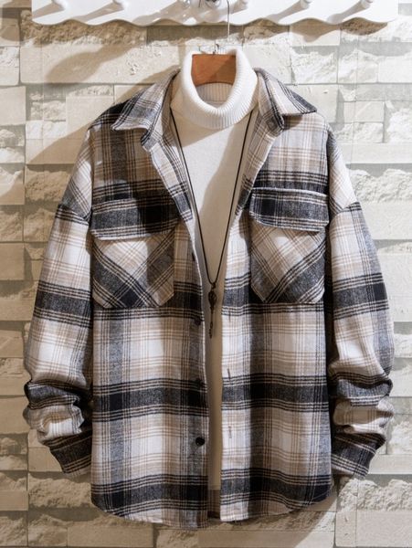 

men double flap pocket plaid jacket 75l7#, Black;brown