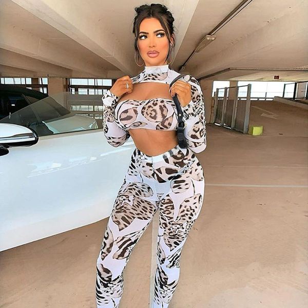 

women's tracksuits 2021 summer women leopard print mesh see-throught 3 pieces set extra crop tanks leggings skinny club party outf, Gray