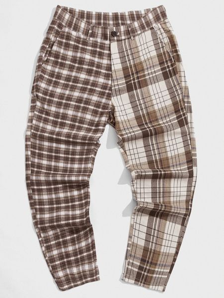

men plaid slant pockets pants 18u7#, Black