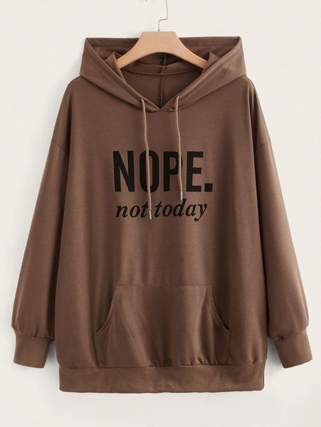 

plus slogan graphic kangaroo pocket drop shoulder drawstring hoodie p7gd#, Black