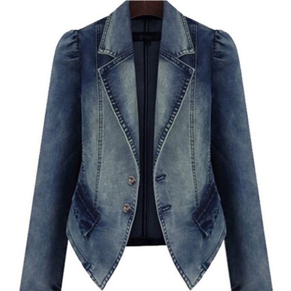 Giacca da donna con bottone a tasca con foro Giacca di jeans Patchwork Colletto rovesciato Cappotto autunno inverno dignitoso di grandi dimensioni 211025