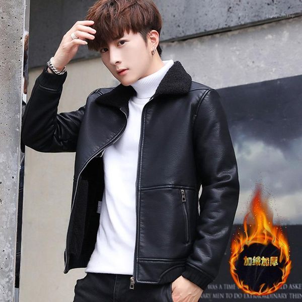 

men's fur & faux cobo 2021 autumn and winter plus velvet thickening leather youth slim pu jacket, Black