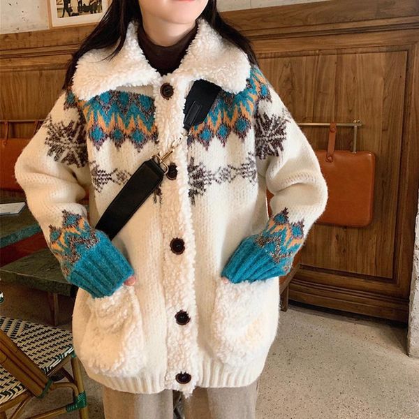 

women's jackets vintage cardigans loose winter women coat sweet cute casual plush jacket 2021 knitted plus size knit button, Black;brown