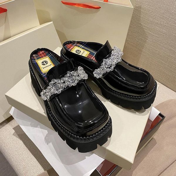 

slippers shoes cover toe low house platform slipers women loafers glitter slides 2021 jelly rome rubber basic cotton fabric crys, Black