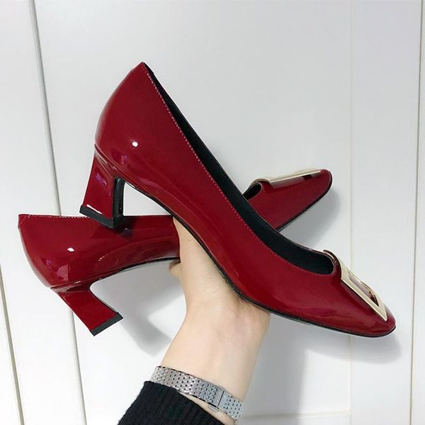 

dress shoes square button single women's net red head thick heel patent leather high wedding small size, Black