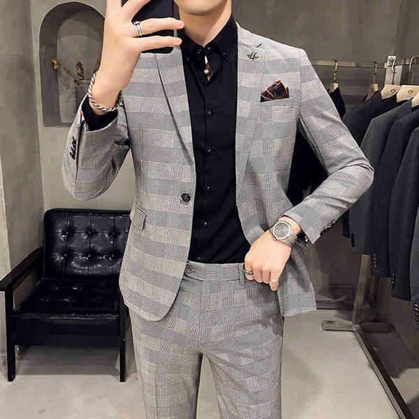 

men's suits & blazers 2 pcs set jacket pants / fashion new casual boutique business slim formal banquet plaid suit coat trousers 0, White;black
