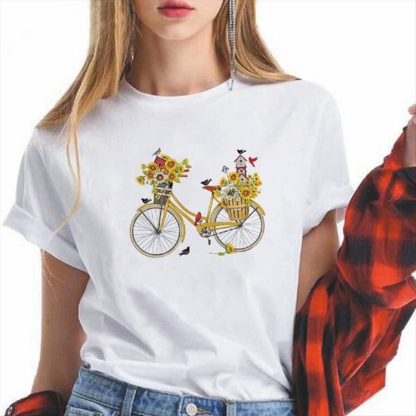 

streetwear modern versatile little sunflower womens t shirts manor printed clothes creative bicycle trendy, White