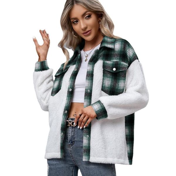 

women's jackets style women long sleeve thick plaid autumn winter loose casual plush shirt fleece jacket coat outerwear, Black;brown