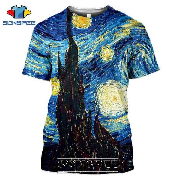 Sonspee Camisetas Van Gogh Impressão 3D Homens Mulheres Casual Moda Hip Hop Vintage Manga Curta Streetwear Estrelado Noite Tees Tops Shirt G1222