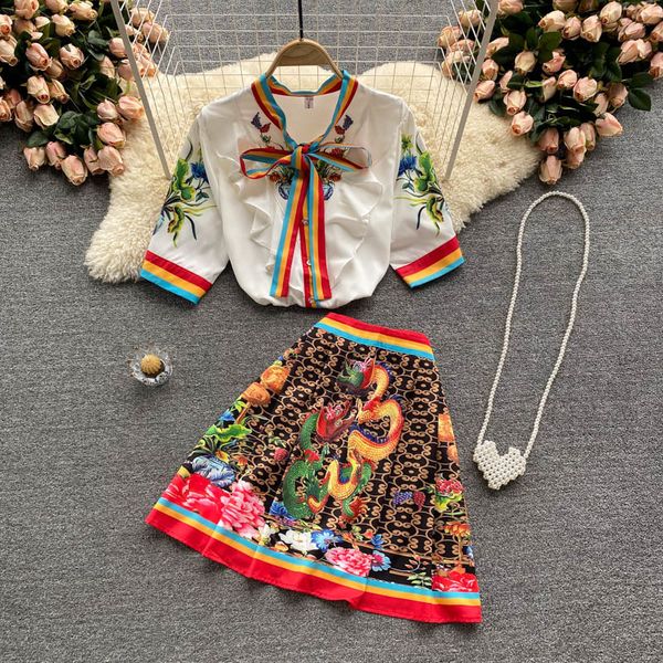 

two piece dress set ladies shirt wild high waist design printing skirt two-piece tide s4jr, White