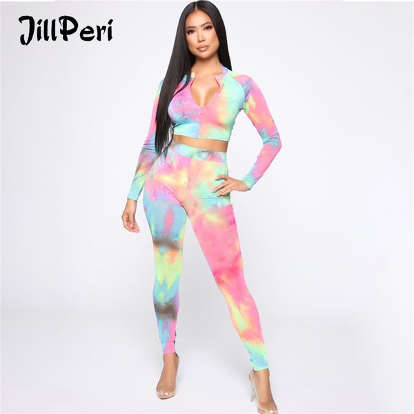 

jillperi long sleeve crop and leggings 2 piece set stretch bodycon zipper colorful daily outfit tie dye lounge wear, Black;white