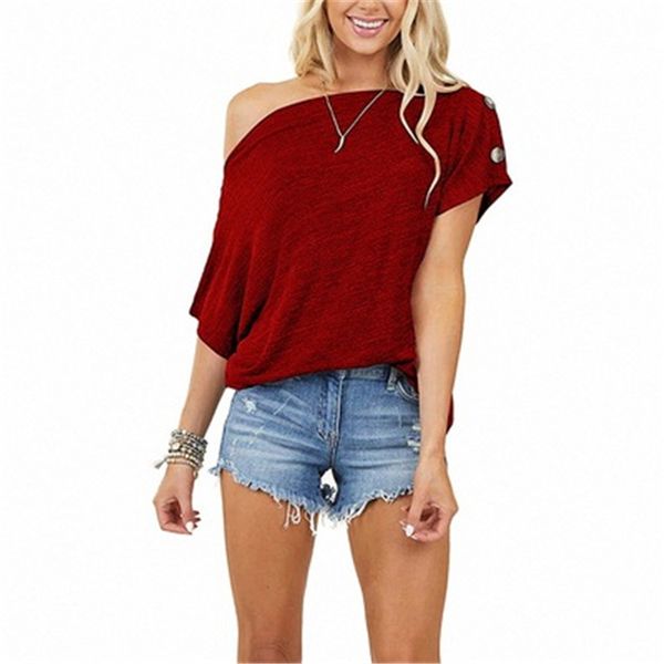

womens slash neck strapless tee t-shirts fashion trend buttons o-neck short sleeve tees summer female solid color loose bottoming tshirt, White