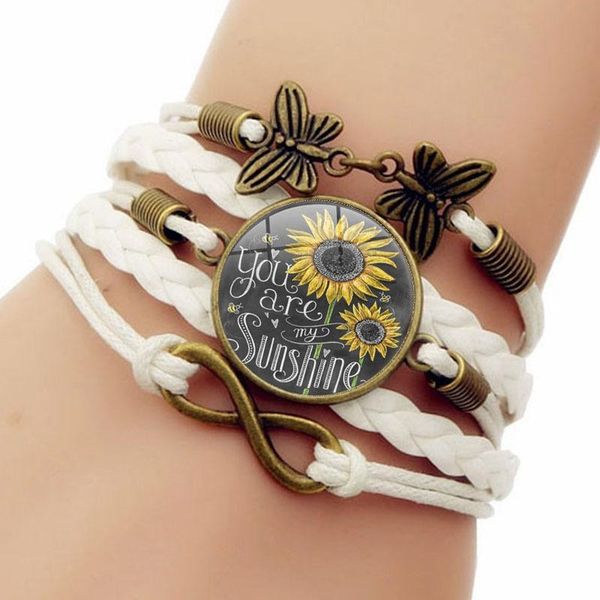 

charm bracelets bohemian for women yellow sunflower & butterfly leather wrap bracelet kl-46k cord gift flower, Golden;silver