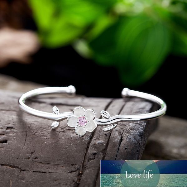 

925 sterling silver cherry blossoms bangle bracelet with pink purple zircon for women exquisite party jewelry s-b291, Black