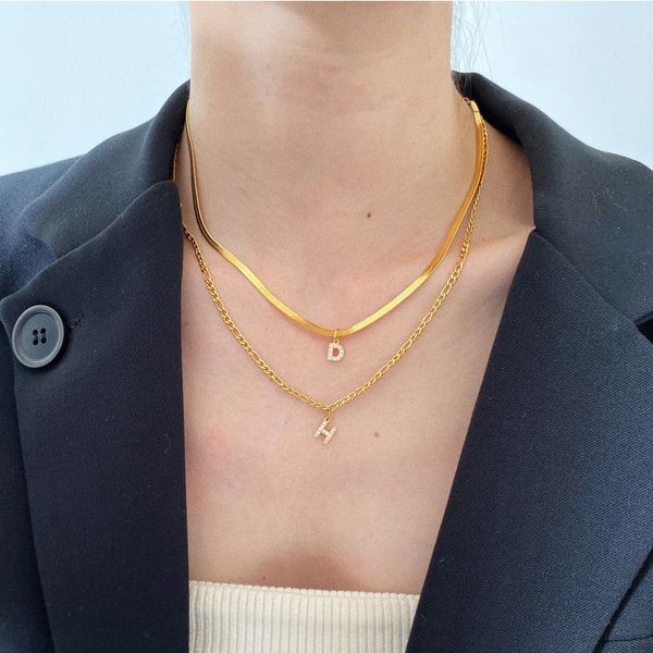 

chains women's layered initial necklaces, flat snake herringbone figaro chain choker,a-z 26 alphabets girls party street collar jewelry, Silver