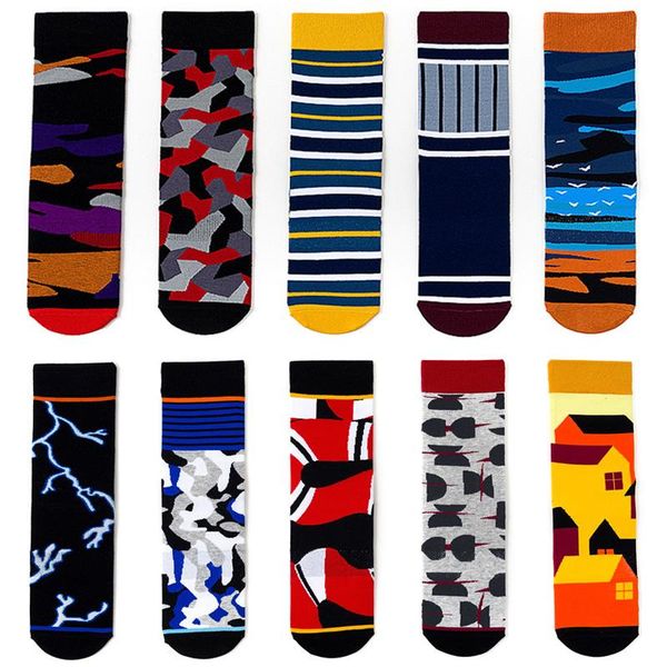 

men's socks cotton business leisure dress print spell color fashion design plaid stripe colorful happy party, Black