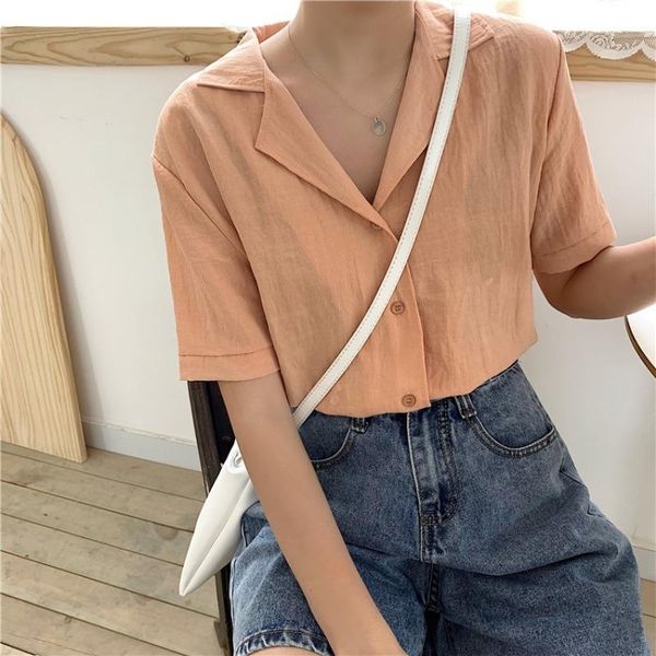 

women's blouses & shirts solid color chic short sleeve women summer notched korean loose all match casual student temperament, White