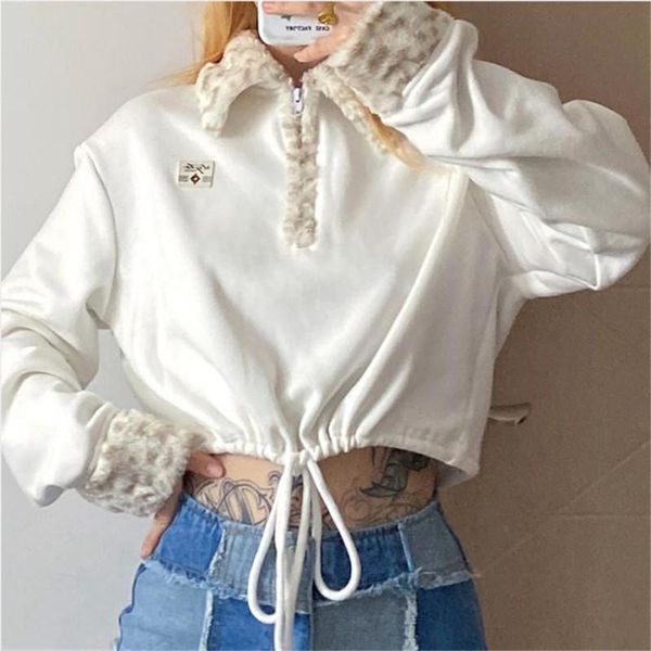 

women's hoodies & sweatshirts warm winter fall women long sleeves soft faux fur lapel collar loose casual crop lady zipper drawstring m, Black