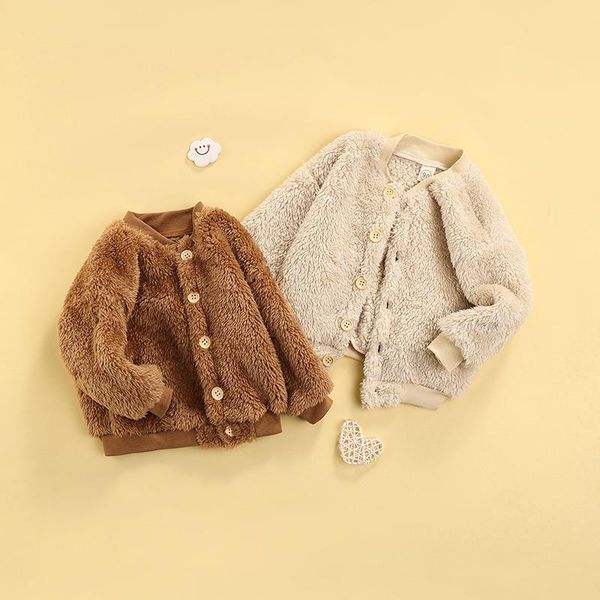 

jackets children fleece coat with pockets, solid color round collar button-down thermal jacket, khaki/ beige, 2-6 years, Blue;gray