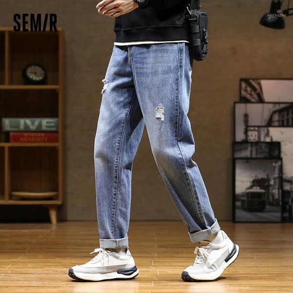

men's jeans semir men 2021 autumn hole washed cotton blue pants man trendy brand ins tapered trousers