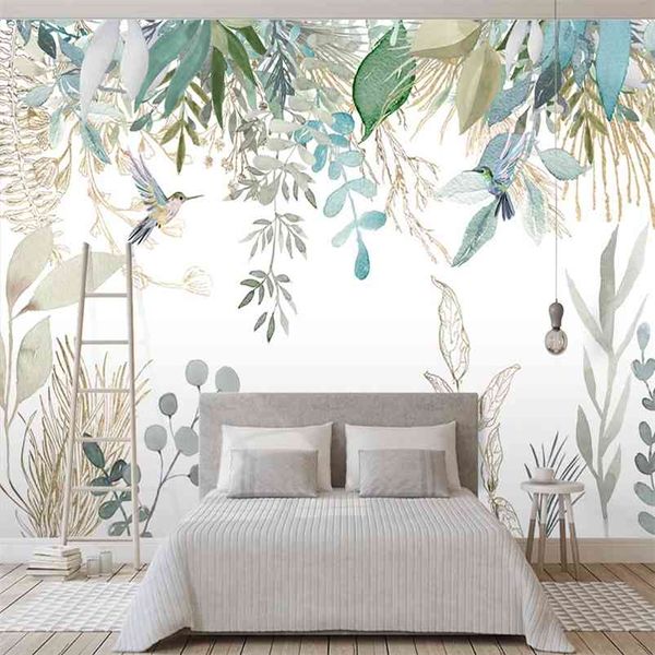 PO papel de parede moderno pintado à mão pintado planta folhas flores e pássaros murais sala de estar quarto à prova d 'água parede pintura 210722