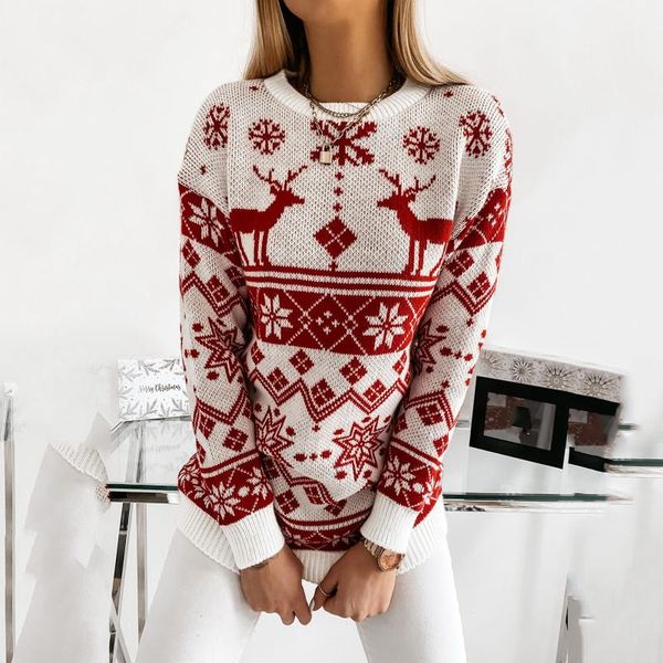 

women's sweaters crewneck elk snowflake christmas xmas pullover sweater knit blouse winter, White;black